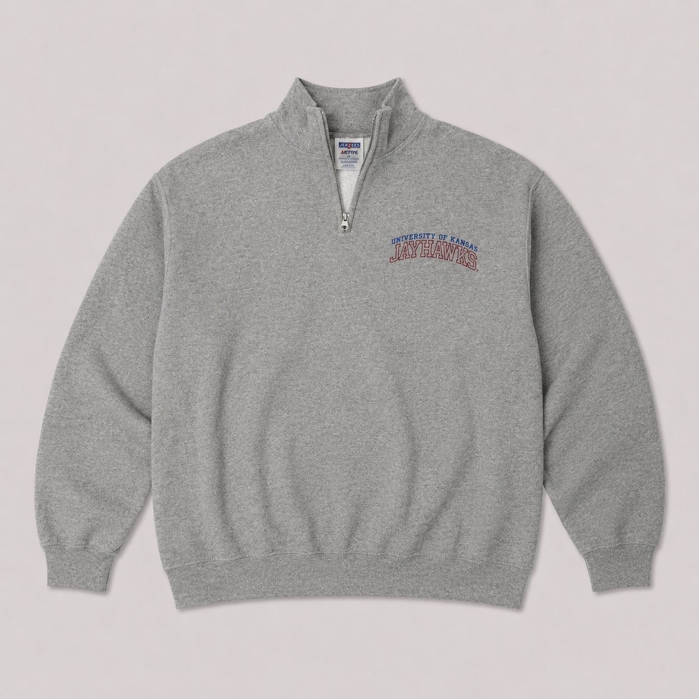 University of Kansas Jayhawks Quarter Zip Pullover Sweatshirt Gray Mens Large